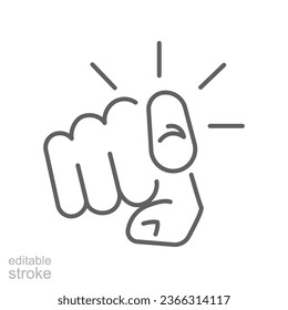 Finger pointing icon. Hand gesture of index finger pointer at viewer. Gesturing towards you. Line pictogram silhouette symbol. Editable stroke vector illustration. Design on white background. EPS 10