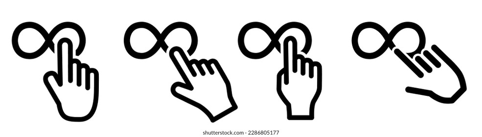 Finger pointing to infinity icon. Concept of unlimited selection, or clicking on object