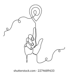 Finger pointing location at map one line art,hand drawn continuous contour,trendy hand template direction, gps navigation concept.Editable stroke.Isolated.Vector illustration