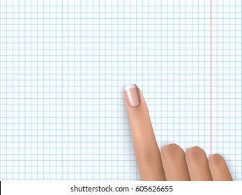 Finger pointing. Finger point on white paper. Realistic hand with french manicure polish nails. Vector illustration for web design, education or business creative projects.