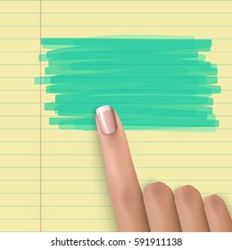 Finger pointing. Finger point on yellow paper. Marker highlight note. Realistic hand with french manicure nails. Vector illustration for web design, education or business creative projects.