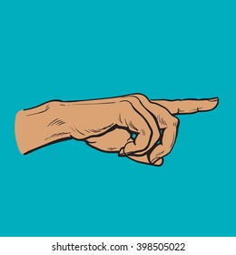 Finger. Finger pointing. Pointer. Show direction. Pointing at something. Sketch hand, black and white vector illustration. One hand. Direction. Hand with a finger, touching anything