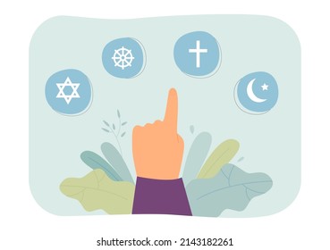 Finger pointing to signs of world religions. flat vector illustration. Sign of Christianity, Islam, Buddhism, Judaism. Spirituality, faith concept for banner, website design or landing web page