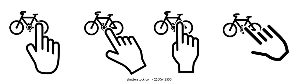 Dedo apuntando al simple icono de la bicicleta. Concepto de selección de bicicletas