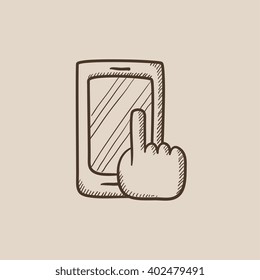 Finger pointing at smart phone sketch icon.