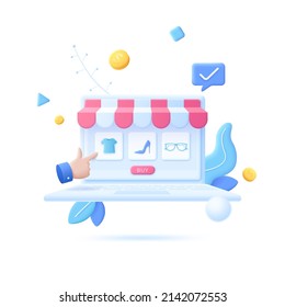 Finger pointing at store window with awning on laptop computer screen. Concept of online order, internet shopping and retail, making purchase. Modern vector illustration in pseudo 3d style for banner.