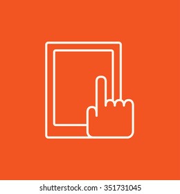 Dedo apuntando al icono de la línea de tablet para web, móvil e infografías. Icono blanco vector aislado en fondo rojo.
