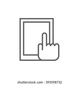 Finger pointing at tablet line icon.