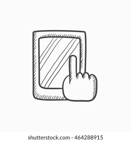 Finger, der auf Tablette zeigt Vektorgrafik Symbol einzeln auf Hintergrund. Handgezeichneter Finger, der auf das Tablettensymbol zeigt. Finger, die auf Tablet-Skizze Symbol für Infografik, Website oder App zeigen.