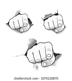 Finger pointing at you from a hole in the paper. Vector illustration on white background. EPS10.