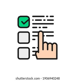 Finger points to a choice, check mark on ballot, checklist flat color line icon.