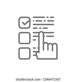 Finger points to a choice, voting, check mark on ballot, election checklist line icon.