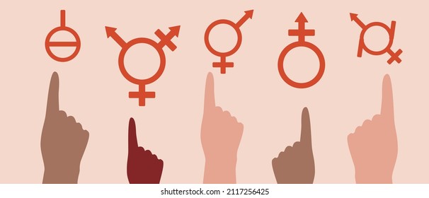 The finger points to the gender symbol. Flat vector stock illustration isolated. Hands of LGBTQ people. The concept of equality of non-binary persons, bigender. Gender Identification