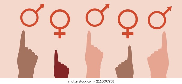 The finger points to the gender symbol. Flat vector stock illustration isolated. People's hands with a man, woman sign. The concept of gender equality, feminism