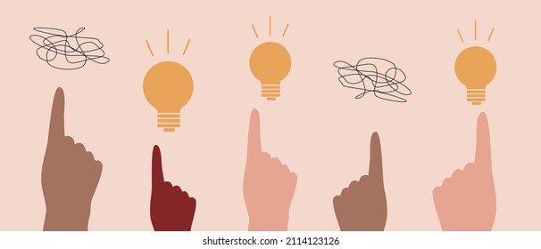 The finger points to the lamp light. Flat vector stock illustration isolated. People's hands with an incandescent lamp. Concept of idea, strategy, solution search. Symbol of creativity