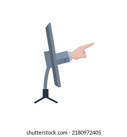 Finger points out of computer monitor. Concept of online censorship and cyberbullying. Hand show guilt and shame from screen. Flat cartoon