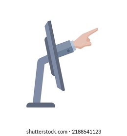 Finger points out of computer monitor. Concept of online censorship and cyberbullying. Hand show guilt and shame from screen. Flat cartoon