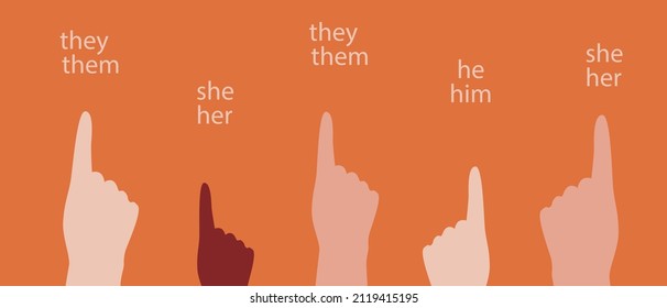 The finger points to personal pronouns. Flat vector stock illustration isolated. Hands of LGBTQ people. The concept of equality of non-binary persons, bigender, agender, men, women