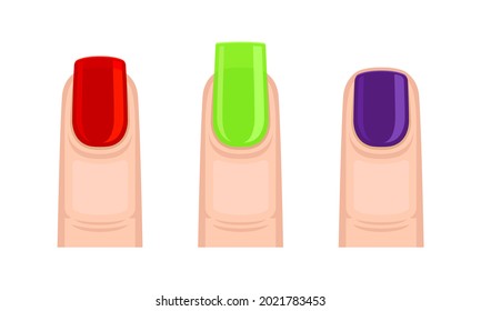 Finger with Polished Nails as Manicure and Nail Plate Decoration Vector Set