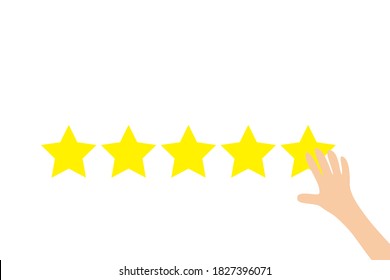 Finger press 5 Golden stars button. Human hand put estimate. Custumer review satisfaction review. Five star rating selection system. Businessman hands pointing. Flat design. White background. Vector