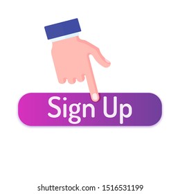 Finger press on sign up button. Human hand. Flat style colorful vector illustration isolated on white background.