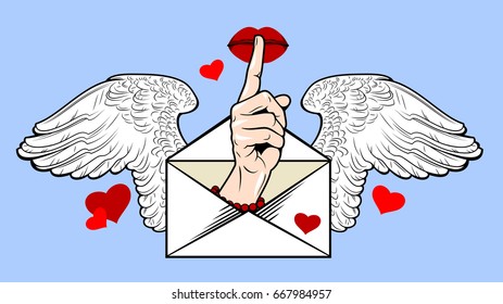 The finger pressed to his lips, asking for silence in an envelope with wings. Old style tattoo  Sticker, label
