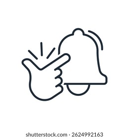  The finger presses the bell button. Vector linear icon illustration isolated on white background. 