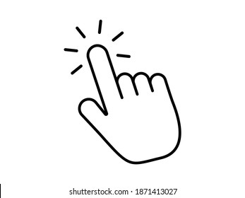 Finger presses button icon. Black hand touches index finger of abstract vector switch with strokes rays.