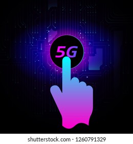 Finger presses a button marked 5G. Next generation wireless networks.