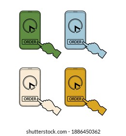 A finger presses a button on the phone to order online. Icon for business.