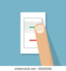 Finger presses the button switch. Vector illustration flat design style. Electric control switch by pressing a hand. White button with indicator lamps.