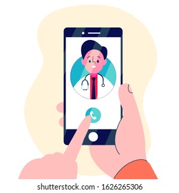 Finger presses to the call doctor button a smartphone vector illustration