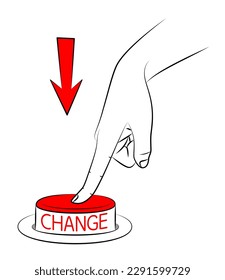 Finger presses CHANGE button. Personal development and career growth. Readiness for changes in life. Decision to start a new life. Concept of change management. Sketch, editable linear contour drawing