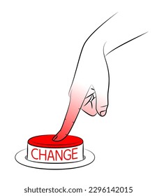 Finger presses CHANGE button. Personal development and career growth. Readiness for changes in life. Decision to start a new life. Concept of change management. Sketch, editable linear contour drawing