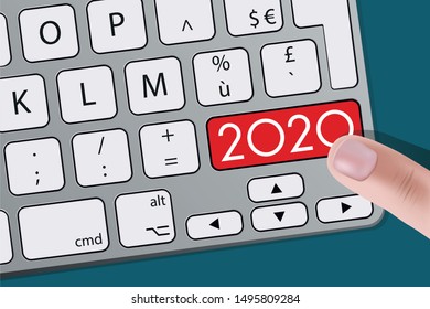 Un dedo presiona una tecla en un teclado de computadora en el que se escribe el año 2020, para presentar los objetivos de una empresa.