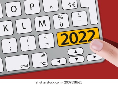 A finger presses a key on a computer keyboard on which is written the year 2022, to present the objectives of a company.