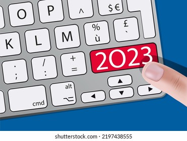 Ein Finger drückt eine Taste auf einer Computertastatur, auf der im Jahr 2023 geschrieben wurde, um die Ziele eines Unternehmens zu präsentieren.