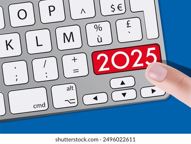 A finger presses a key on a computer keyboard on which is written the year 2025, to present the objectives of a company.