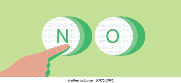 El dedo presiona el botón NO. Ilustración de material vectorial plano. El concepto de mentiras, hipocresía. Botón NO, seleccione SÍ. Problema social. Oportunidades y opciones perdidas. Ilustración aislada