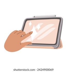 Finger presses on the tablet. The hand flicks a finger across the blank screen. A hand using a digital device, touching, pointing, pressing the display with an index finger. Flat vector illustration