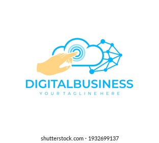 Finger presses on touch screen, cloud server, communication and blockchain, logo design. Digital business, e-commerce, connection and data storage, vector design and illustration