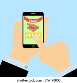 Finger presses order pizza button on smartphone