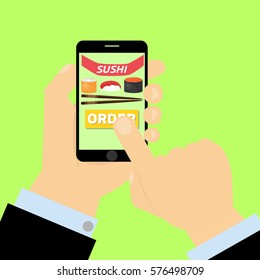 Finger presses order sushi button on smartphone