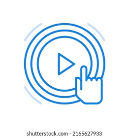
Finger presses play button vector line icon. Technologies digital for multimedia gadgets and watching video in mobile app. Broadcast television films and news with listening to music.