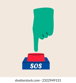 El dedo presiona el botón rojo SOS. El concepto de una solicitud, pedir ayuda. Ilustración vectorial colorida
