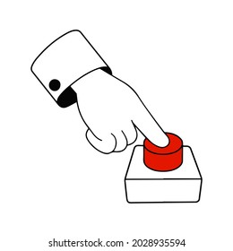 Finger presses the red button. Start and Launching a startup. Outline hand. Cartoon illustration