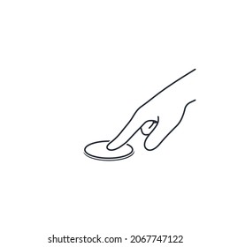 The finger presses the round button. Implement, apply. Vector linear icon isolated on white background.