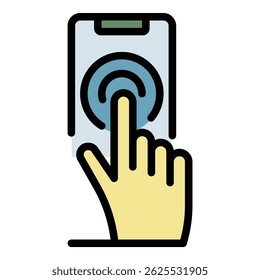Finger presses smartphone icon. Outline finger presses smartphone vector icon color flat isolated