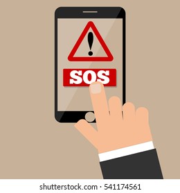 Finger presses to the SOS button a smartphone