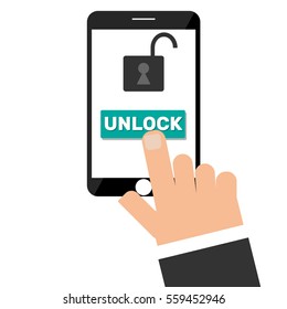 Finger presses to the unlock button a smartphone